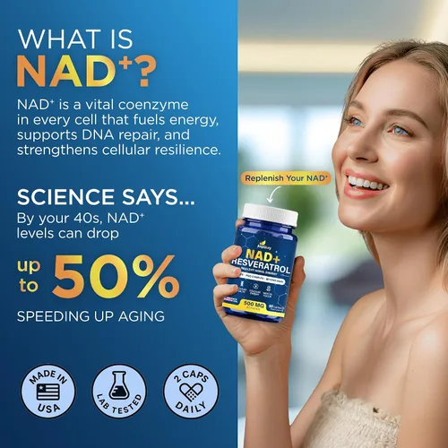 Vista 5 de Suplemento NAD+ con 500 mg NR, resveratrol, CoQ10, PQQ- Fórmula NAD 5 en 1 Alternativa al suplemento NMN NAD Resveratrol apoya la energía
