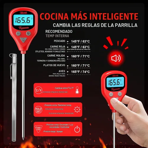 Vista 3 de AWLKIM Termómetro digital recargable para carne con sonda externa de 1m, alerta de advertencia, termómetro de alimentos de lectura instantánea