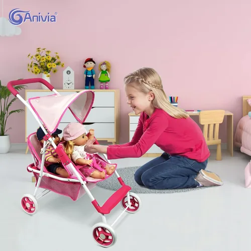Vista 4 de Colección de muñecas Anivia, cochecito de muñeca con diseño de corazón, regalos para niños pequeños y niñas, cochecito de muñeca plegable