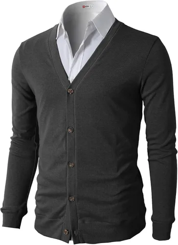 Vista 8 de H2H Cárdigans casuales ajustados para hombre, cuello en V, diseño básico, manga larga, con botones Gris