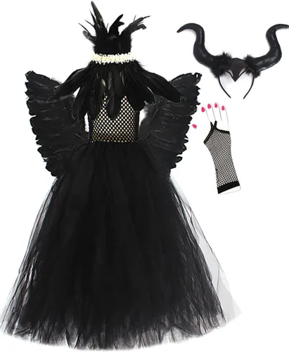 Vista 6 de Lchiji Disfraz de bruja de vampiro para niñas, tutú de tul, cuernos, capa de plumas y cuernos, conjunto de disfraz de cosplay