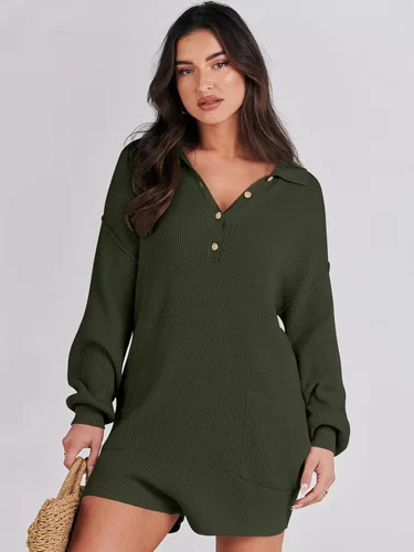 Vista 9 de ANRABESS Enterizo de suéter para mujer, trajes de otoño 2023, a la moda, largo, Henley, cuello en V, overol de punto para descansar