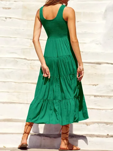 Vista 4 de ANRABESS Vestido de verano para mujer, sin mangas, fruncido, bohemio, con volantes, escalonado, acampanado, para la playa, con bolsillos