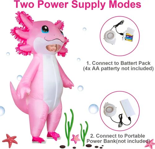 Vista 6 de Stegosaurus Disfraz inflable de ajolote para niños, disfraz de Halloween para niños, disfraz rosa de lujo para niñas y niños, fiesta de cosplay