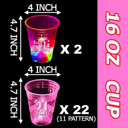 Vista 3 de mishunyus Paquete de 24 vasos de fiesta de cumpleaños 21 para mujer, vasos de plástico rosa de 16 onzas con diseños de lámina de oro rosa