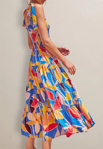 Vista 4 de Vestido largo de verano para mujer, estilo bohemio, con tirantes delgados, cuello cuadrado, con volantes, casual, para playa, fiesta