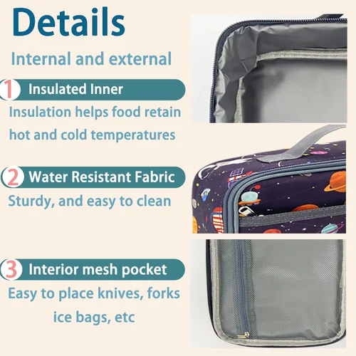 Vista 5 de Kulle - Lonchera de astronauta para niños, bolsa de almuerzo con tema espacial aislada, lonchera térmica reutilizable para niños, para la escuela