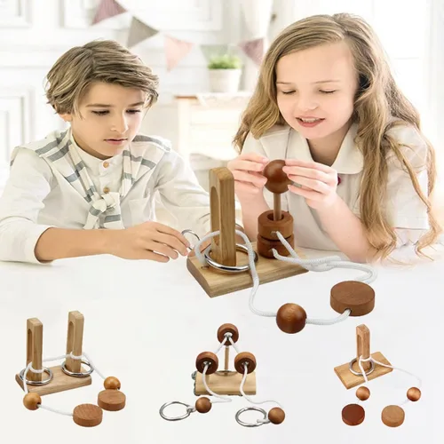 Vista 4 de Rompecabezas de madera para enhebrar la cuerda, rompecabezas de lazo Luban Lock Brain Teaser, juego para adultos y niños (4)