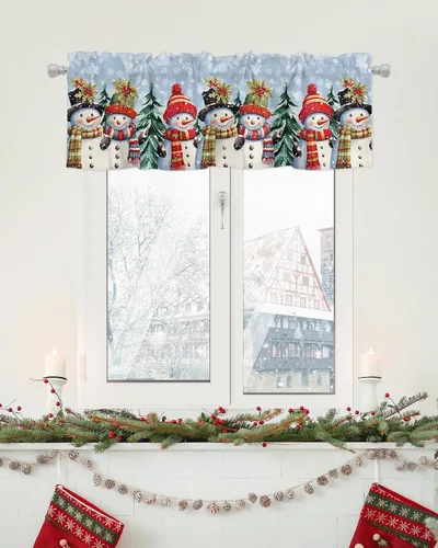 Vista 14 de Cenefa de cortina con lazo rojo de Navidad para ventanas, sala de estar, cocina, baño, granja, bolas de Navidad de acuarela con diseño de bayas
