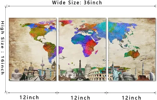 Vista 5 de Arte de pared de mapa del mundo para decoración de oficina, 3 piezas de edificios famosos de la Torre Eiffel, decoración de pared, obras de arte