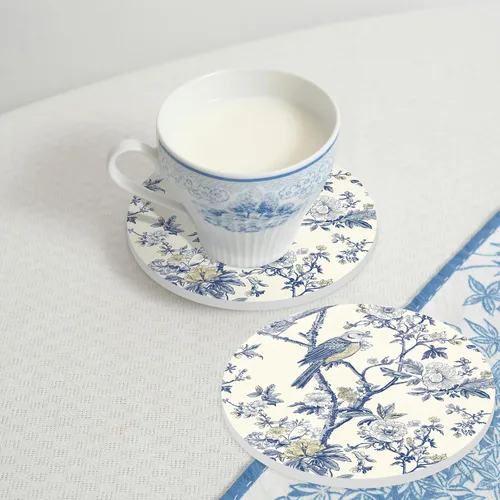 Vista 6 de FYSUIMU 4 posavasos florales para pájaros, chinoiserie, diseño de flores azules, de cerámica, absorbentes, para el hogar, cocina, oficina, fiesta