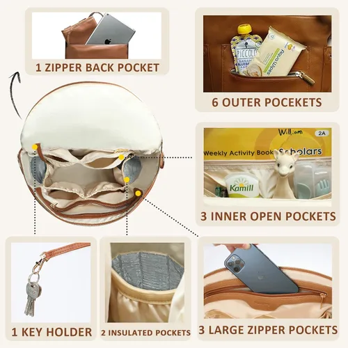 Vista 2 de miss fong Mochila para pañales de bebé, bolsa de pañales de cuero, bolsa de pañales con cambiador, correas para cochecito y 2 bolsillos aislados