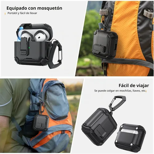 Vista 6 de Meliya Funda para AirPods 4, viene con soporte para teléfono y función MagSafe, funda rígida de protección completa automática emergente con bloqueo