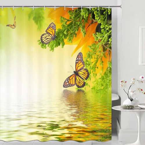 Vista 2 de Cortina de ducha de mariposa amarilla, plantas naturales de primavera, floral y fantasía, lago de hadas zen, 72 x 72 pulgadas, juego de decoración