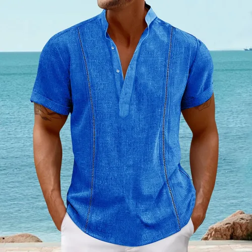 Vista 2 de Camisa de guayabera cubana para hombre, camisa polo de manga corta para hombre, con botones, color liso, camiseta transpirable para playa y verano