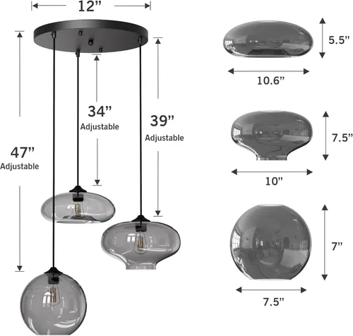 Vista 3 de Moderna Lámpara Colgante de 3 Luces de Vidrio en Tono Gris Ahumado con Globo de Cristal Clúster Lámpara de Techo de Estilo Nórdico con Múltiples