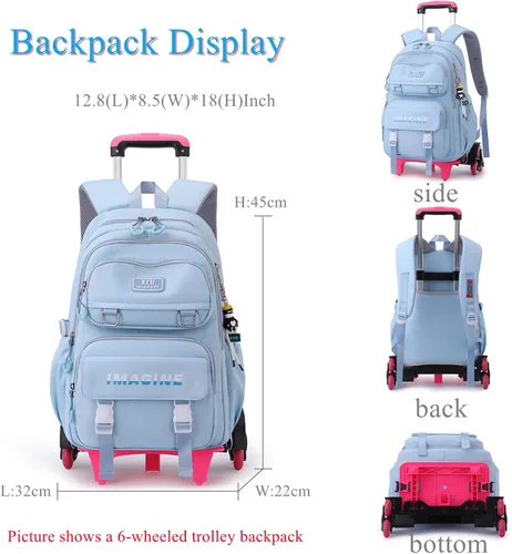 Vista 2 de EKUIZAI Mochila clásica con ruedas para niñas, color sólido, mochila escolar con ruedas, Gris