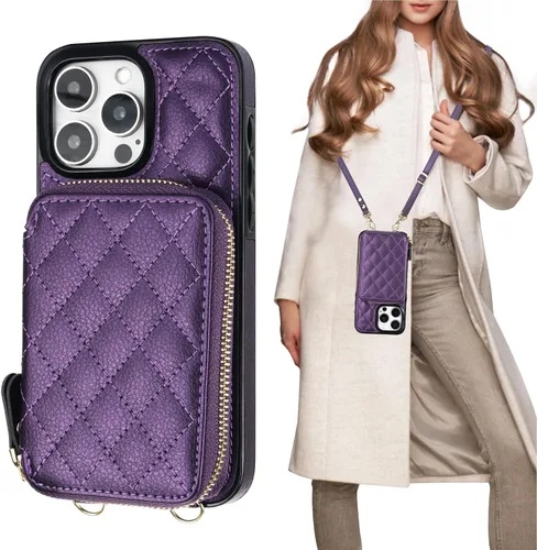 Vista 13 de Bocasal Funda tipo cartera cruzada para iPhone 15 Pro Max, con bloqueo RFID, de piel sintética, con cremallera, funda tipo cartera con función atril