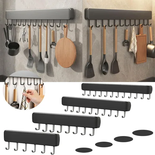 Vista 6 de Percha para utensilios de cocina, ganchos para montar en la pared, sin taladrar, ganchos extraíbles y ajustables, riel de cocina con 8 ganchos