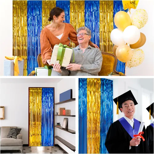 Vista 7 de LOLStar Paquete de 2 decoraciones de fiesta de graduación azul y dorado 2025, cortinas de flecos de aluminio de 3.3 x 6.6 pies, telón de fondo