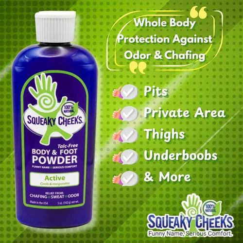 Vista 6 de Squeaky Cheeks Polvo para pies y cuerpo (5 onzas)- Todo natural y sin talco, alivio eficaz de rozaduras, pies sudorosos y olor. Previene ampollas