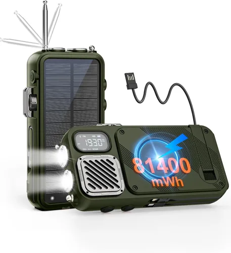 Vista 11 de Radio de emergencia y banco de energía solar de 22000 mAh, radio meteorológica FM NOAA, radio portátil con manivela Bluetooth, cargador de teléfono