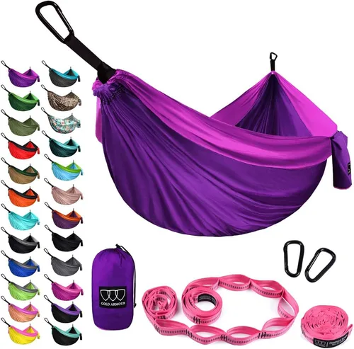 Vista 9 de Gold Armour Hamaca de camping – Hamaca doble XL, hamaca portátil, accesorios de camping, equipo para exteriores e interiores con correas de árbol