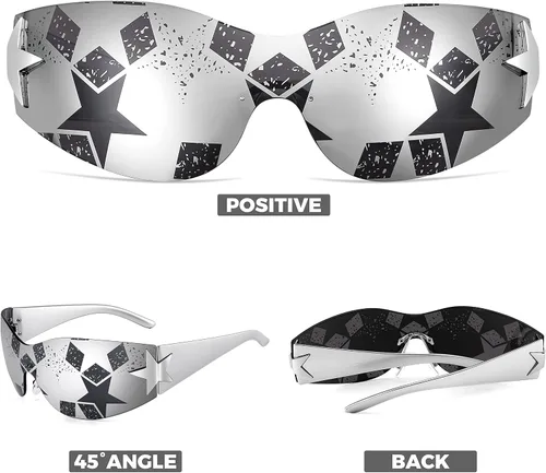 Vista 2 de FEISEDY Y2K - Lentes de sol para mujeres y hombres, de los años 2000, sin marco, sin marco, con estrellas, B9090
