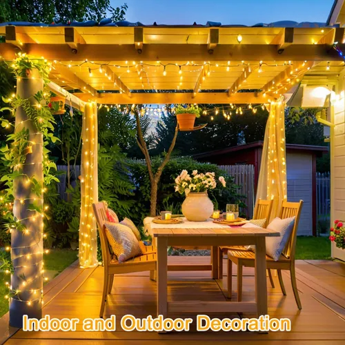 Vista 5 de Cadena de luces LED, 300 LEDs, 9.1 m/100 pies de luces de Navidad blancas cálidas impermeables con control remoto, cable transparente