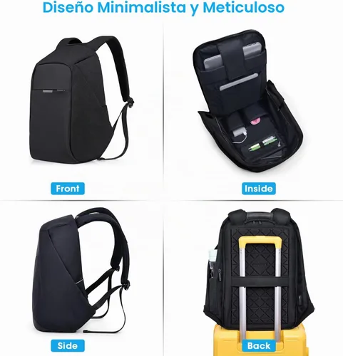 Vista 5 de Mochila de viaje antirrobo portátil, mochila para laptop con puerto de carga USB., Negro