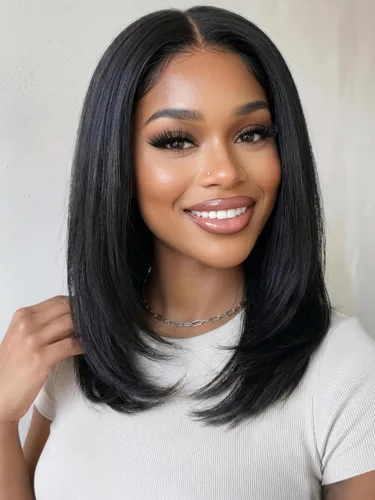 Vista 12 de KLAIYI Peluca de cabello humano con encaje frontal precortada 7x5, corte Bob en capas, corte romo, cordón sin pegamento, peluca predepilada