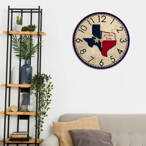 Vista 4 de God Bless Texas - Reloj de pared de madera rústico toscano con pilas, silencioso, sin tictac, relojes de pared con números, relojes de pared