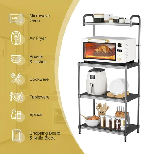 Vista 7 de MEDIMALL Estante para panaderos para cocina con almacenamiento, soporte de microondas de 4 niveles, estante de almacenamiento para carrito