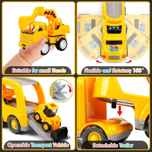 Vista 4 de Veslier Juguetes de camión de construcción 9 en 1 para edades de 3, 4, 5, 6 años, vehículos con sonidos y luces en camión transportador, juguetes