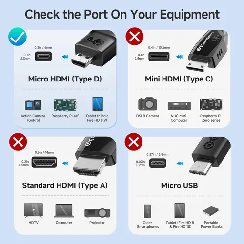 Vista 6 de Cable Matters Paquete de 2 adaptadores Micro HDMI a HDMI de 8 K, 6 pulgadas