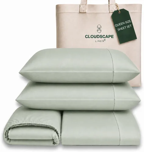 Vista 50 de Cloud Scape Linen - Juego de sábanas de algodón egipcio de doble capa, tamaño individual, tejido de satén de fibra larga, juego de 3 piezas, ropa
