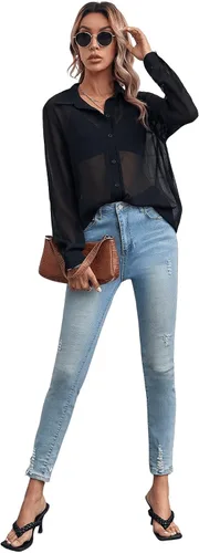 Vista 5 de Floerns Blusa de manga corta con botones de malla transparente para mujer