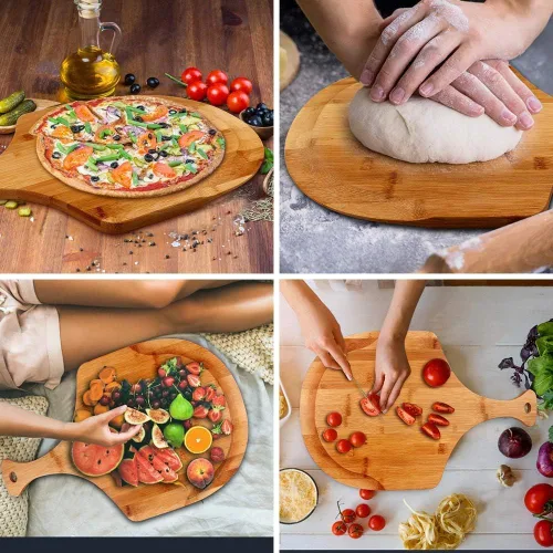 Vista 6 de Tabla de bambú para despegar y servir para pizza, bandeja multifuncional de embutidos de 12 x 18 pulgadas, tabla de cortar para queso, frutas