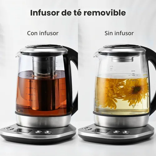 Vista 4 de Mecity Tetera eléctrica de vidrio de borosilicato con control de temperatura e infusor - Pantalla LCD y programas de preparación preestablecidos