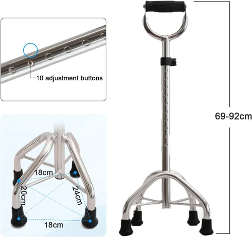 Vista 2 de Bastón cuádruple para ancianos, tetrápodo ajustable con 4 patas, base grande, cómodo mango en forma de U, ayuda de movilidad ligera de aluminio