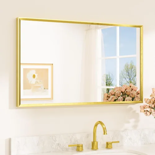 Vista 21 de TETOTE Espejo de baño dorado cepillado de 20" x 30", espejo de tocador de baño rectangular de latón dorado cepillado con marco biselado para sobre