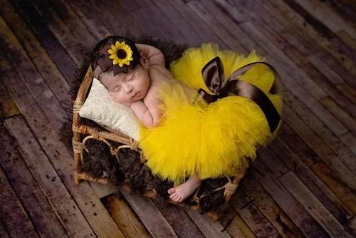Vista 6 de Accesorios de fotografía para recién nacidos, falda tutú de girasol y peleles de encaje rosa con diadema de flores, conjuntos de fotos para bebés