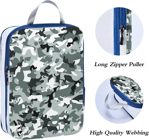 Vista 6 de Juego de cubos de embalaje de compresión expandibles de camuflaje, bolsas de almacenamiento extensibles, 3 piezas, ropa sucia separada, resistente