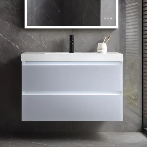 Vista 18 de Blossom Tocador de baño LED de 24 pulgadas – Tocador flotante montado en la pared con luces – 100% impermeable PVC de grado marino – Moderno