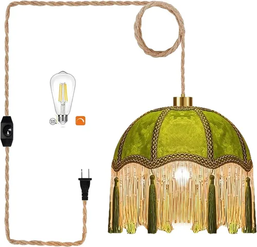 Vista 12 de QIYIZM Lámpara colgante bohemia enchufable con cable de enchufe, lámpara colgante regulable de macramé y estante de soporte para plantas, decoración