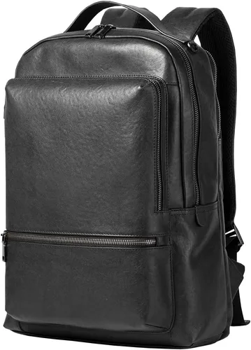 Vista 8 de Mochila para portátil de cuero genuino de 15.6 pulgadas para hombres y mujeres, mochila de viaje de negocios, mochila de senderismo (1#negro)