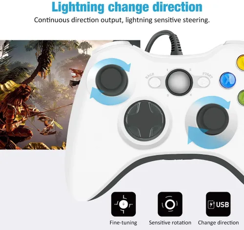 Vista 5 de YAEYE - Mando para Xbox 360 con cable y USB para Microsoft Xbox 360 PC Windows 7 8 10 con turbo botones de disparador blanco