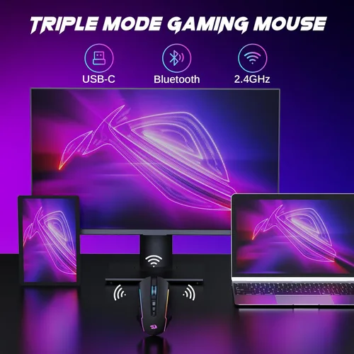Vista 2 de Redragon Ratón inalámbrico para juegos, triple modo 2.4GUSB-CBluetooth, 10000 DPI, retroiluminación RGB, totalmente programable, mouse inalámbrico