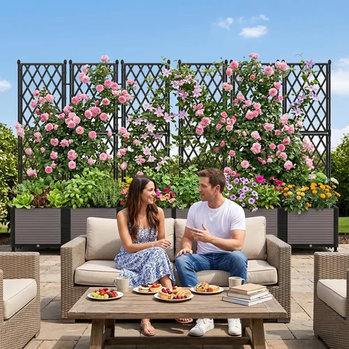 Vista 8 de DoCred Jardinera elevada de 63 pulgadas de alto con enrejado, maceta vertical para horticultura, jaula de tomate con ruedas para plantas trepadoras