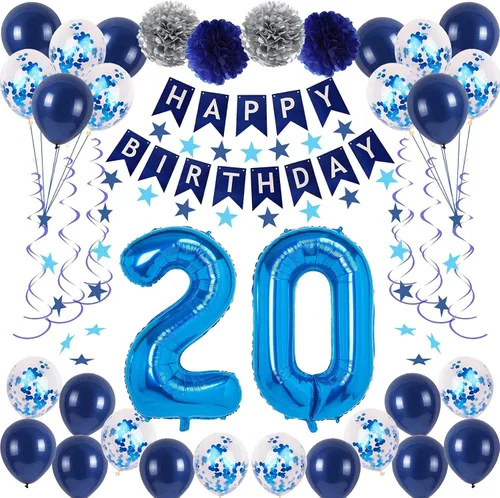 Vista 25 de Decoraciones de fiesta de cumpleaños azul número 29 para hombres y mujeres, suministros de globos de feliz cumpleaños 29 con pancarta de feliz